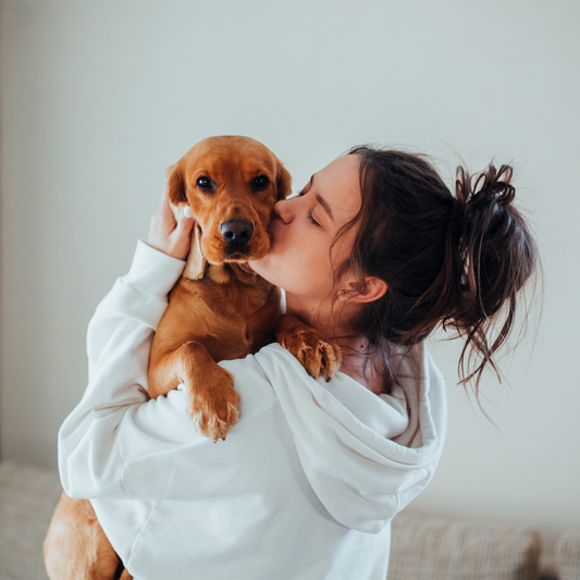 Woman holding a dog and kissing its cheek